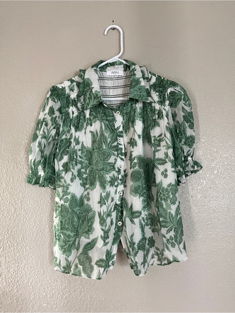 Anna Floral Button-Front Blouse in White and Green